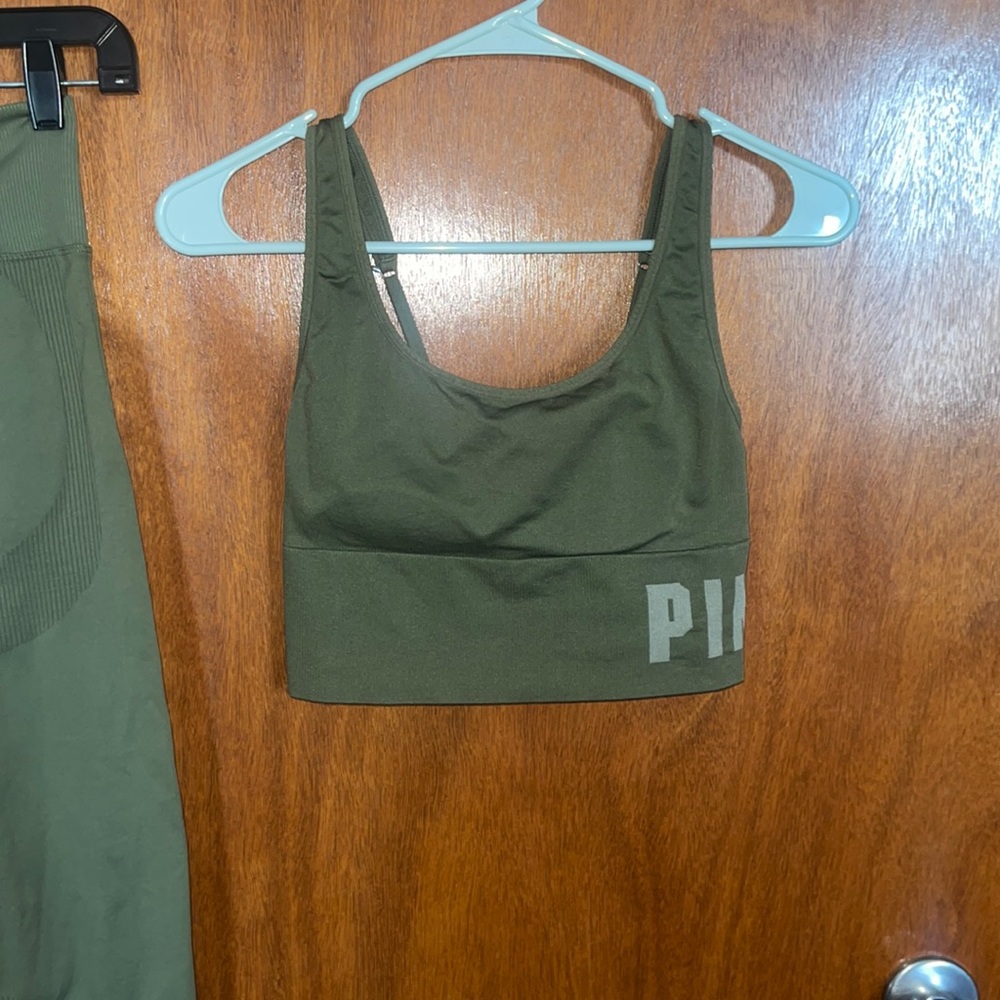 Army Green seamless VS Pink cropped top.  Can be racerback